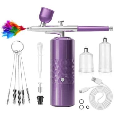 Imagem de Kit de aerógrafo recarregável sem fio, compressor portátil para aerógrafo, escova de ar para pintura de modelo, arte de unhas, decoração de bolo, maquiagem, barbeiro (roxo)
