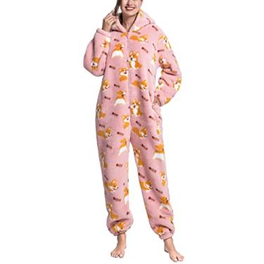 Imagem de Macacão Felpudo Com Capuz Estampado, Macacão Elegante de Pijama de lã de Manga Comprida Macio e Quente para o Quarto (S)