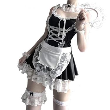 Imagem de mzenuop Vestido de empregada cosplay doce avental clássico fantasia com meias, Preto e branco, L-XL