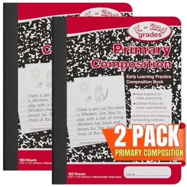 Imagem de 1InTheOffice Caderno de redação primária K-2, caderno de composição de jardim de infância, 100/folhas, vermelho/mármore, 19 cm x 24,7 cm, pacote com 2
