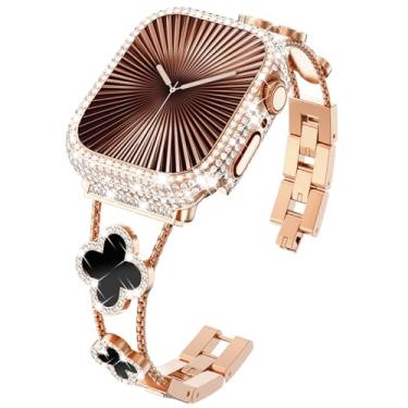 Imagem de KADES Pulseira de trevo de quatro folhas para Apple Watch Seris 10 de 46 mm com capa protetora de diamante completo [sem protetor de tela] para Apple Watch Series 10 de 46 mm para mulheres, ouro