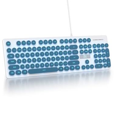 Imagem de iRoboosta Teclado retrô azul para máquina de escrever, tamanho completo, 104 teclas, retroiluminado por LED, teclado de membrana com teclado numérico, ultra fino e silencioso para computador, laptop,