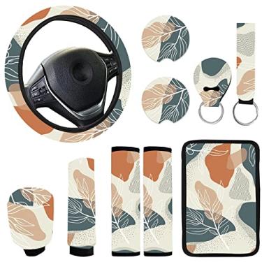 Imagem de JINGSEN Capa de volante de carro abstrata de 10 peças para console central, almofada de apoio de braço, capa de cinto de segurança, capa de freio de mão, porta-chaves, conjunto completo de SUV para