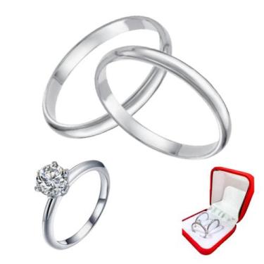 Imagem de Par Alianças Prata 2mm Namoro + Anel Solitário 2mm Prata Zirconia Bran