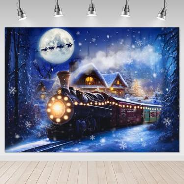 Imagem de Mocsicka Pano de fundo de trem de Natal para fotografia trem de inverno Natal neve noite ferrovia festa fundo das maravilhas floco de neve retrato adereços de estúdio fotográfico (2,1 x 1,5 m)