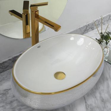 Imagem de Kit Cuba Pia Louça Cerâmica Banheiro C/Torn E Vál Dourada 99