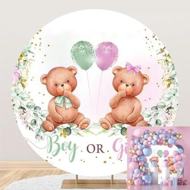 Imagem de OERJU Urso redondo revelador de gênero pano de fundo para meninos ou meninas capa de pano de fundo redondo balões floral recém-nascido revelação de gênero decorações de festa fotografia fundo arco