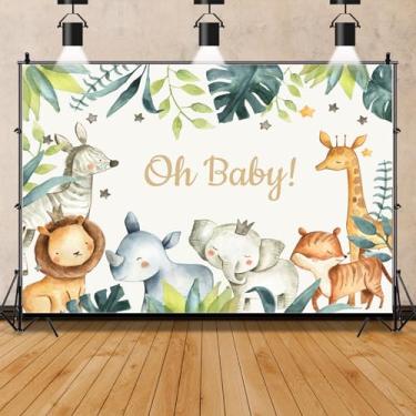Imagem de ZARROUEA Animais da selva Oh pano de fundo para chá de bebê Oh fundo para fotografia de chá de bebê, safári, animais, vegetação, folhas de eucalipto, decoração de festa de chá de bebê, faixa para