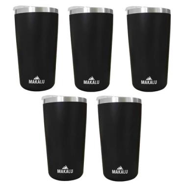Imagem de Kit 5 Copos Térmicos Aço Inox 420ML Preto p/ Água Cerveja Café - Quent