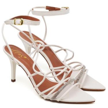 Imagem de Sandália Salto Médio Bico Folha Napa Off White Tira Strass - Ellas Onl