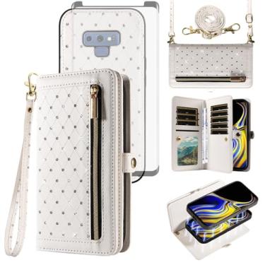 Imagem de Asuwish Capa de celular para Samsung Galaxy Note 9 com zíper carteira magnética destacável com protetor de tela de vidro temperado, alça transversal, suporte para cartão de crédito Note9 Not S9