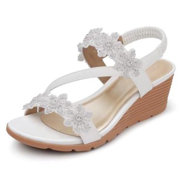 Imagem de SHIBEVER Sandálias femininas estilosas: sandálias de verão com bico aberto plataforma baixa, tira elástica no tornozelo, floral, confortável, sapatos casuais, 1805-branco, 38