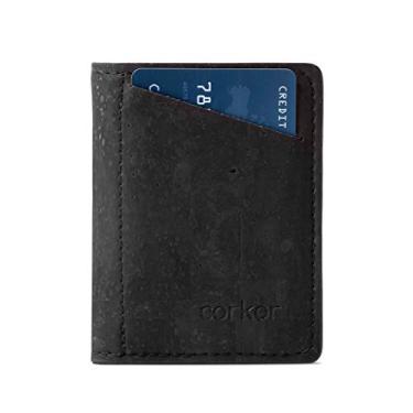Imagem de Carteira masculina Corkor Slim com proteção RFID, vegana, sem couro, cartões dobráveis, Black Color - With Coin Pocket, Small