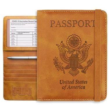 Imagem de WALNEW Conjunto de porta-passaporte e porta-cartão de vacina, carteira de viagem, bloqueio de RFID, capa de couro PU com compartimento protetor para cartão de vacina, Marrom