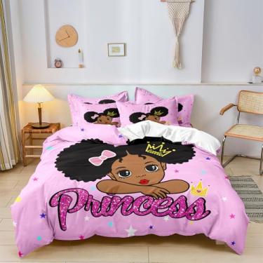 Imagem de Conjunto de capa de edredom fofo para meninas negras, tamanho casal, conjunto de capa de edredom para meninas afro-americanas, conjunto de cama com laço de princesa para presente de aniversário ou