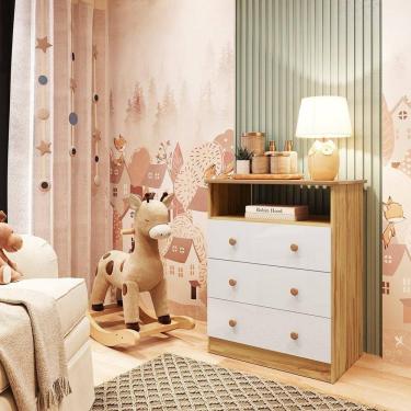 Imagem de Cômoda Infantil 3 Gavetas 100% MDF Smim New Branco Brilho/Amêndoa