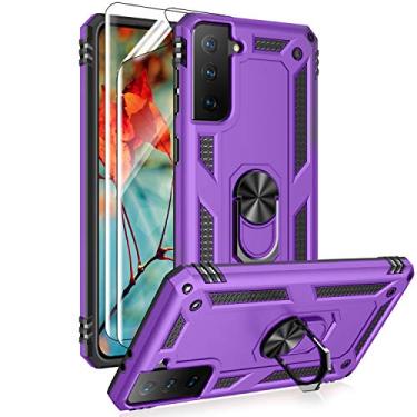 Imagem de Capa para Samsung Galaxy S21 Plus 5G, capa S21+ com protetores de tela HD, suporte de anel de metal de grau militar Androgate suporte de 4,5 m testado à prova de choque capa para Galaxy S21 Plus roxo