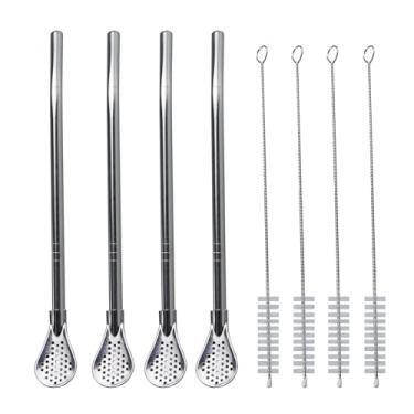 Imagem de Runseaway 4 canudos reutilizáveis de erva-mate de aço inoxidável de 18 cm com colher de filtro de chá removível, palitos de agitação Bombilla para chá, café e coquetéis, inclui 4 escovas de limpeza