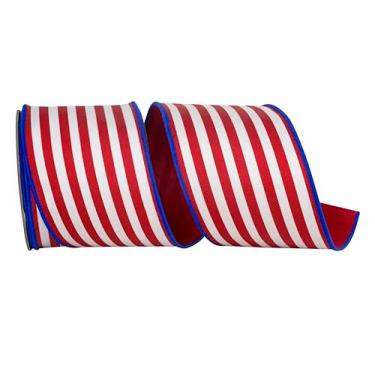 Imagem de Reliant Ribbon Fita de sarja listrada Deluxe Dupioni com borda com fio, vermelho/azul