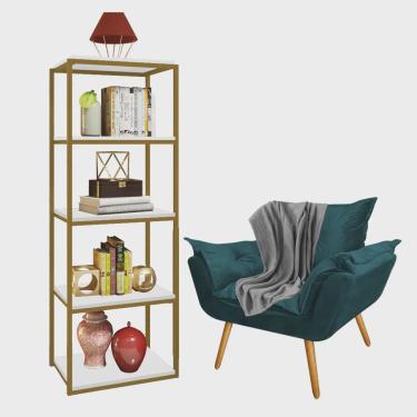 Imagem de Kit Poltrona Fatte com Manta Soft Cinza e Estante Livreiro Ferro Dourado mdf Branco Suede Azul Turquesa - Ahz Móveis