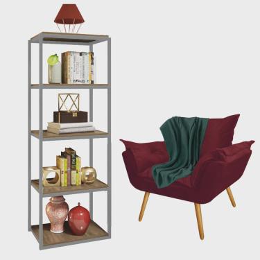 Imagem de Kit Poltrona Fatte com Manta Soft Verde e Estante Livreiro Ferro Cinza mdf Rústico Sued...