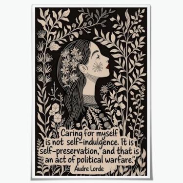 Imagem de Arte de parede feminista Caring For Myself Audre Lorde impressão de arte motivacional decoração de parede feminista empoderamento pôsteres em tela botânica preto e branco imagens presente para