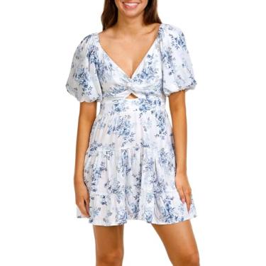 Imagem de Angie Vestido juvenil com manga buffer floral torcido na frente, Branco, G