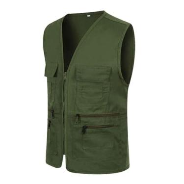 Imagem de Colete De Pesca Casual Masculino, Colete Sem Mangas Para Caça Ao Ar Livre Fotografia E Pesca Com Vários Bolsos, Jaqueta À Prova De Vento Com Zíper E Forro Da Moda, Para Escalada(Military green,Large)