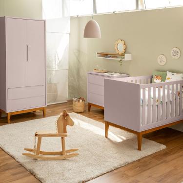 Imagem de Kit Quarto Infantil Theo com Pés Square Mel - Berço + Cômoda 3 Gavetas + Guarda-Roupa - Rosa