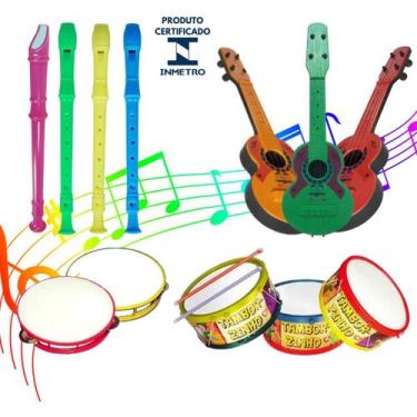 Imagem de Kit 4 Instrumento Musical Pandeiro Flauta Violão E Tambor - AMAR E