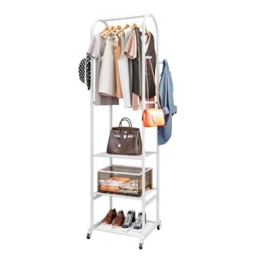 Imagem de SUOERNUO Suporte para roupas com rodas e prateleiras de metal de 3 camadas, suporte para pendurar roupas com 4 ganchos, organizador de guarda-roupa para espaços pequenos, preto (branco, 40 x 46 x 18