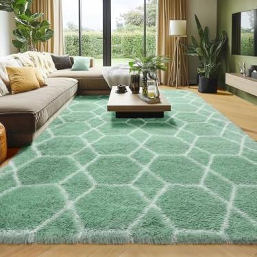 Imagem de ONASAR Tapetes de área para quarto, sala de estar, lavável 10 x 15 cm, tapete felpudo verde e branco, tapete geométrico desgrenhado para decoração de casa, tapete felpudo macio para berçário