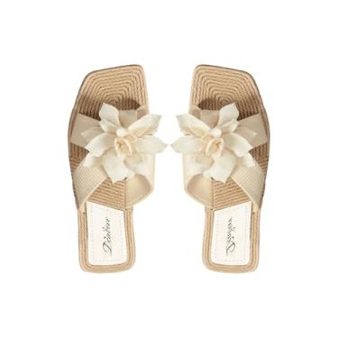 Imagem de Verdusa Sandália feminina com laço Summr rasteira, bico aberto, sem cadarço, Bege floral, 37