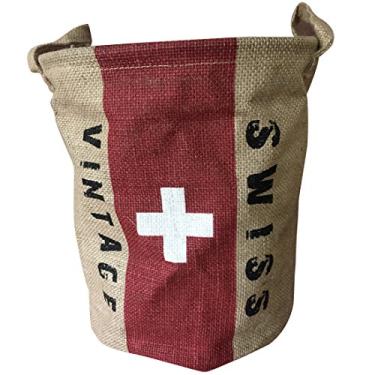 Imagem de NewFeru – Cesto dobrável vintage redondo de tecido para armazenamento de juta de alimentos, cesto de linho, organizador de balde de brinquedo com alças, bandeiras para armários de casa, mesas de mesa de quarto, Swiss, 9.5"LX9.5"WX11.8"H, 1