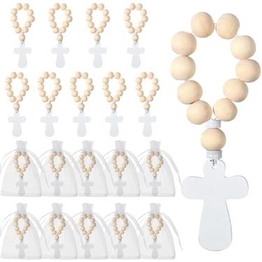 Imagem de 20 peças/10 conjuntos de rosário de dedo de madeira cruz branca com sacos de organza cordão de madeira com contas de madeira rosário para chá de panela, confirmação de primeira comunhão, lembrancinhas