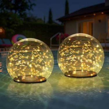 Imagem de uuffoo Pacote com 2 luzes solares flutuantes para piscina, bola alimentada por energia solar, luzes LED cintilantes que flutuam com globo resistente à água IP66 para decoração de piscina, lago, festa