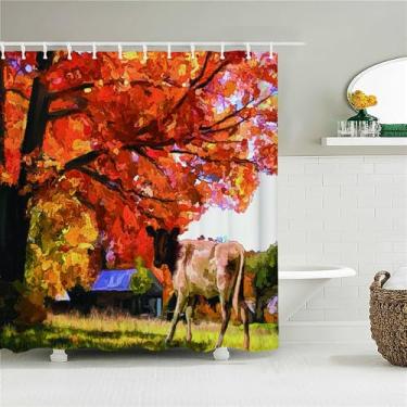 Imagem de Cortina de chuveiro de floresta decoração tecido cortinas de banheiro pintura a óleo paisagem tela de banho com 12 ganchos, 7260ZW, W90xH180cm