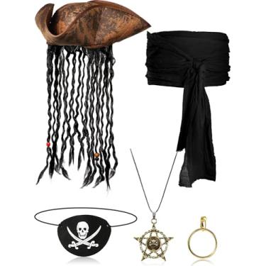 Imagem de Conjunto de 5 peças de fantasia de pirata de Halloween, chapéu de pirata com brincos Dreadlocks, colar de caveira, faixa grande para homens e mulheres