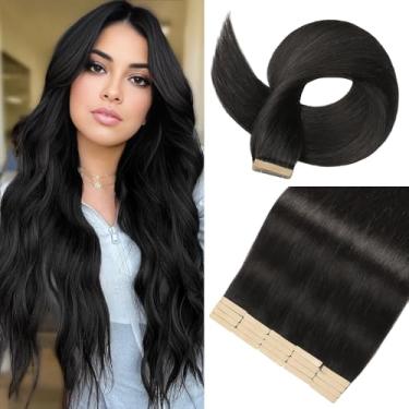 Imagem de Extensões de cabelo humano com fita adesiva, extensões de cabelo humano de 35,5 cm, 20 peças, fita preta natural, extensões de cabelo humano para mulheres, fita sem costura, extensões de cabelo