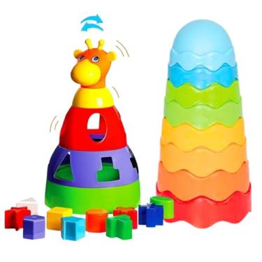 Imagem de Kit Brinquedo Educativo Infantil Bebê Girafa Encaixe Blocos Torre Empilhável Cores Formas Coordenação Motora Atividade