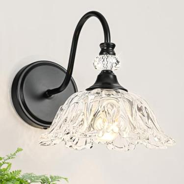 Imagem de sunkryster 1 peça de arandela de parede preta com sombra de vidro transparente floral, iluminação de montagem de parede preta para banheiro, luminária de banheiro vintage