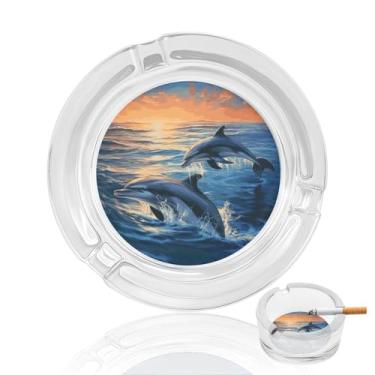 Imagem de Cinzeiro de vidro de cristal golfinhos no mar, cinzeiro redondo para fumar de vidro resistente, portátil, decorativo, moderno, para uso em casa, escritório, interior, exterior, pátio
