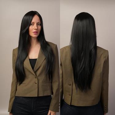 Imagem de Peruca preta reta longa de parte média, peruca preta longa para cosplay, projetada para mulheres, com fios de cabelo brilhantes e respiráveis, adequada para ocasiões de festa, 78 cm