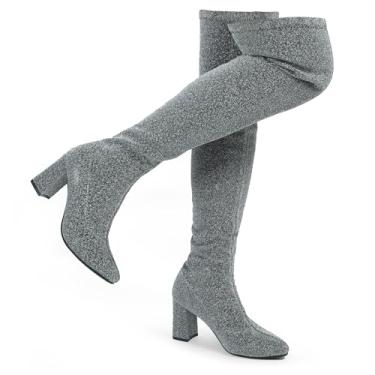 Imagem de Hawkwell Botas femininas confortáveis de cano alto com bico fino e salto alto para festas de casamento brilhantes acima do joelho, Prata, 36