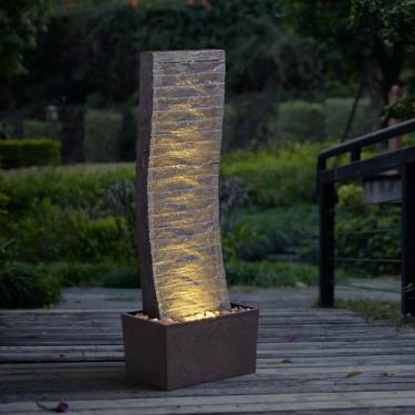 Imagem de MSEONWXI Fonte de água moderna ao ar livre com luzes LED - Fonte de cachoeira curva grande para pátio, jardim, quintal - Característica de água contemporânea de 92 cm 24382