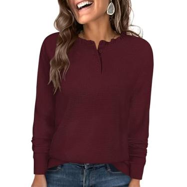 Imagem de Kopinma Túnica feminina de malha waffle de manga comprida com botões Henley, Vinho tinto, M