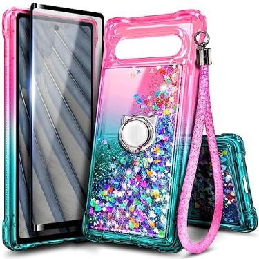 Imagem de NZND Compatível com Google Pixel 7a (2023) com protetor de tela de vidro temperado, suporte de anel/alça de pulso, glitter líquido flutuante cachoeira meninas mulheres linda capa de telefone (rosa)