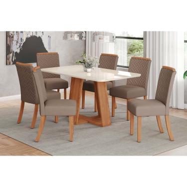 Imagem de Sala de Jantar Completa Lins c/ Tampo Madeirado c/ Vidro Curvo 160x90cm e 6 Cadeiras Malu Nature/Suede Light Marrom Amendoa - Henn