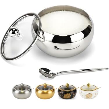 Imagem de Açucareiro de 425 g com tampa de vidro e colher, recipiente de açúcar com acessórios de barra de café, pote de aço inoxidável para sal, chá, cubo de açúcar mascavo, pode ser lavado na lava-louças