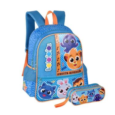 Imagem de Kit Mochila Costas Bolofofos E Estojo Duplo Infantil - Azul